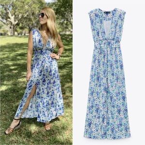 NWT Zara Blue Floral Printed Midi Summer Sun Dress White 8342/332 Medium Maxi